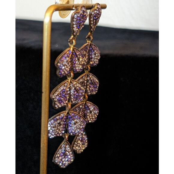 Vintage Cascading Purple Crystal Leaf Dangle Post Earrings - Picture 4 of 7
